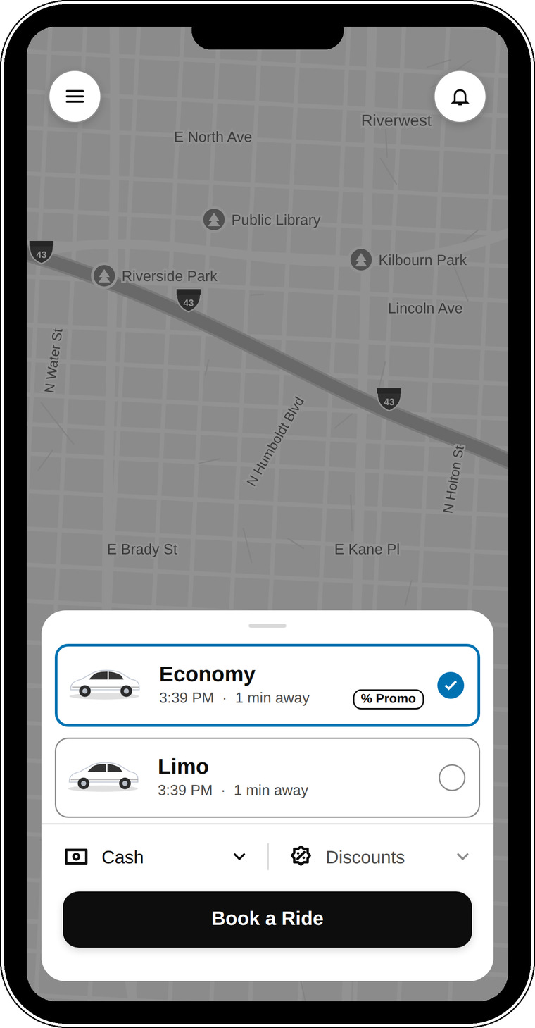 DOC Transport rider app showing a route and ride options